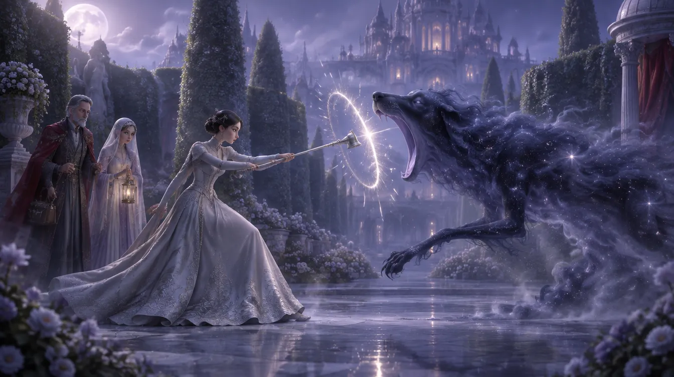 Lady Wren menahan terjangan Yawning Hound dengan pemadam lilin; cincin cahaya perak pecah di titik benturan. Doctor Hale dan Sister-of-none di belakangnya.